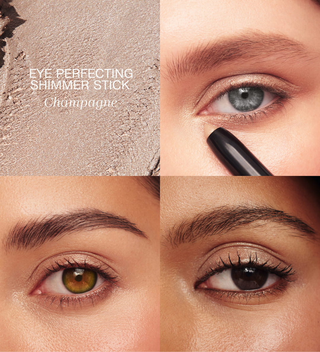 Eye Perfecting Shimmer Stick in Champagne textuur en applicatie op modellen met verschillende oogkleuren.
