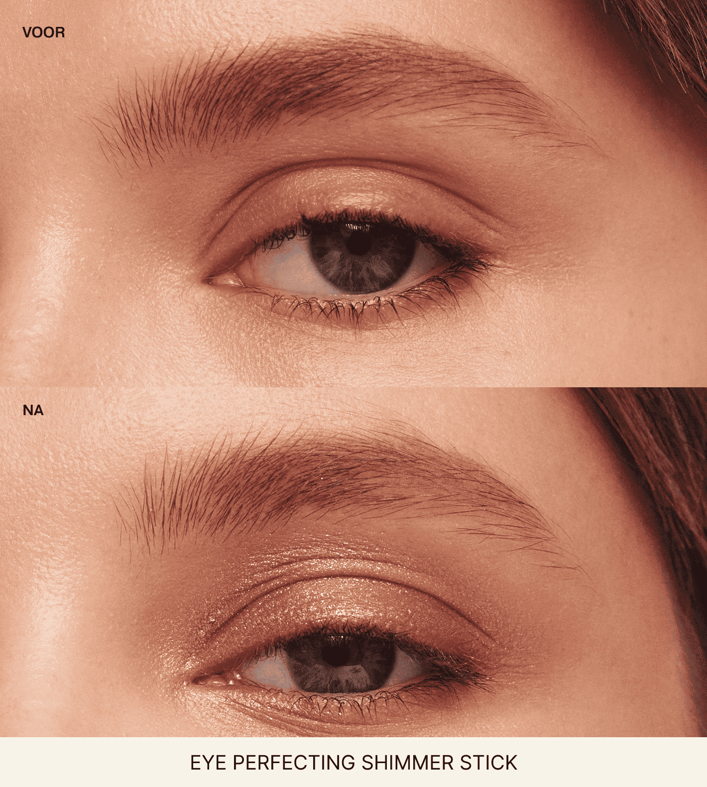 Eye Perfecting Shimmer Stick voor en na vergelijking die een subtiele glans op het ooglid laat zien.