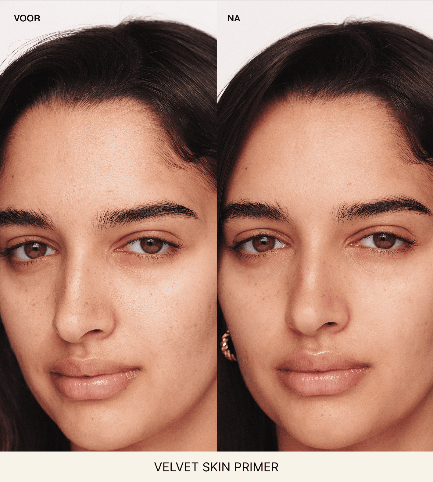 Meroda Cosmetics Velvet Skin Primer voor en na vergelijking met vervaagde poriën en een gladde huidstructuur
