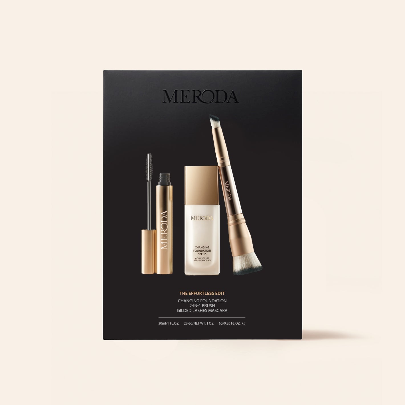 The Effortless Edit luxe zwarte cadeauset met Changing Foundation, Gilded Lashes Mascara en 2-in-1 Build & Conceal Brush