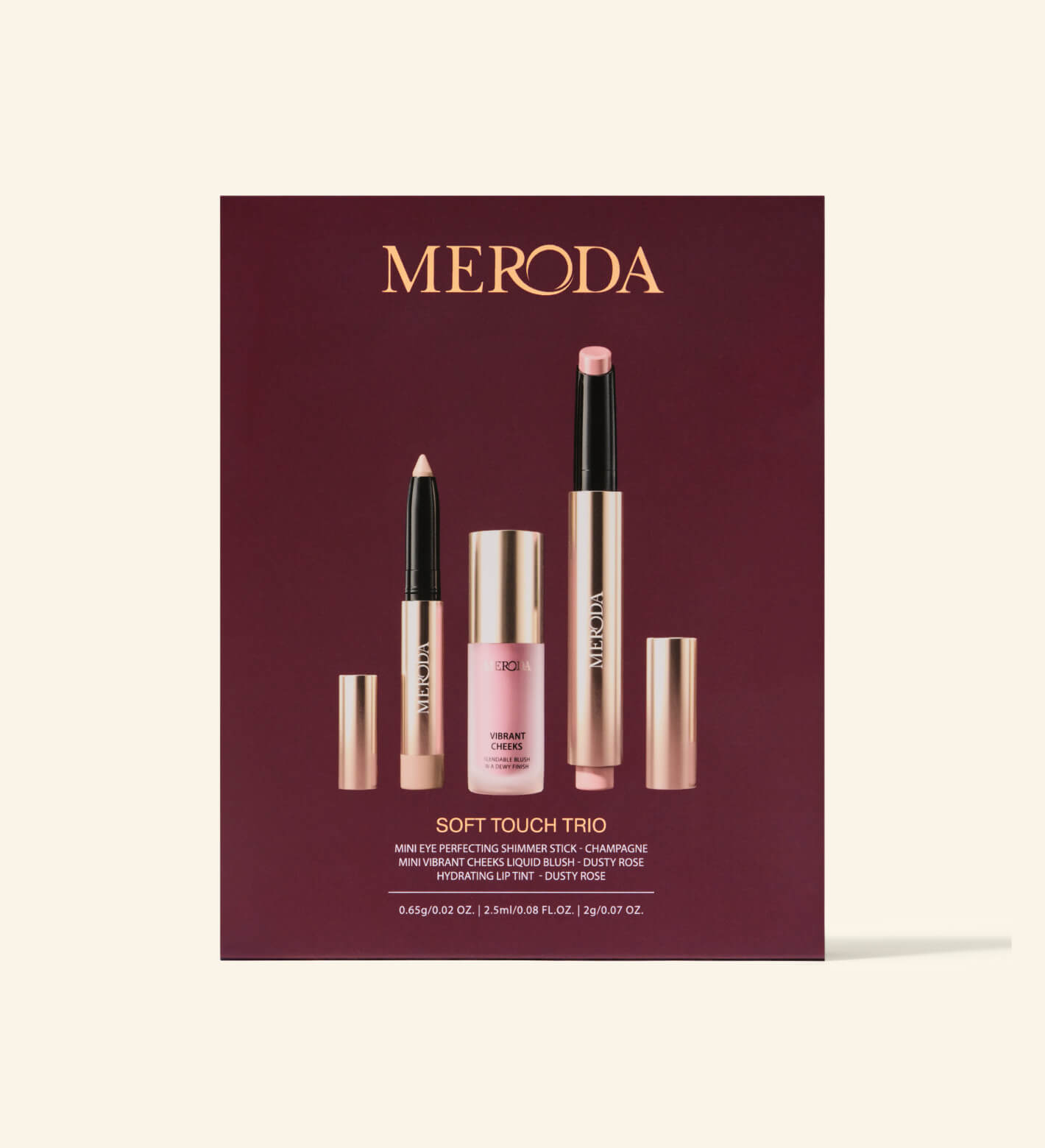 Soft Touch Trio make-up set met de oogschaduwstick, liquid blush en hydraterende lip tint.