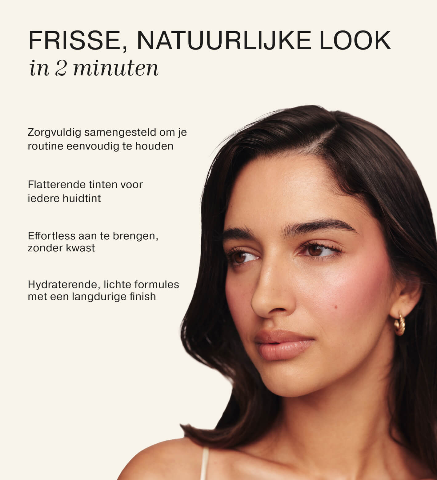 Soft Touch Trio makeup set toegepast op een model voor een frisse, natuurlijke en stralende alledaagse look.