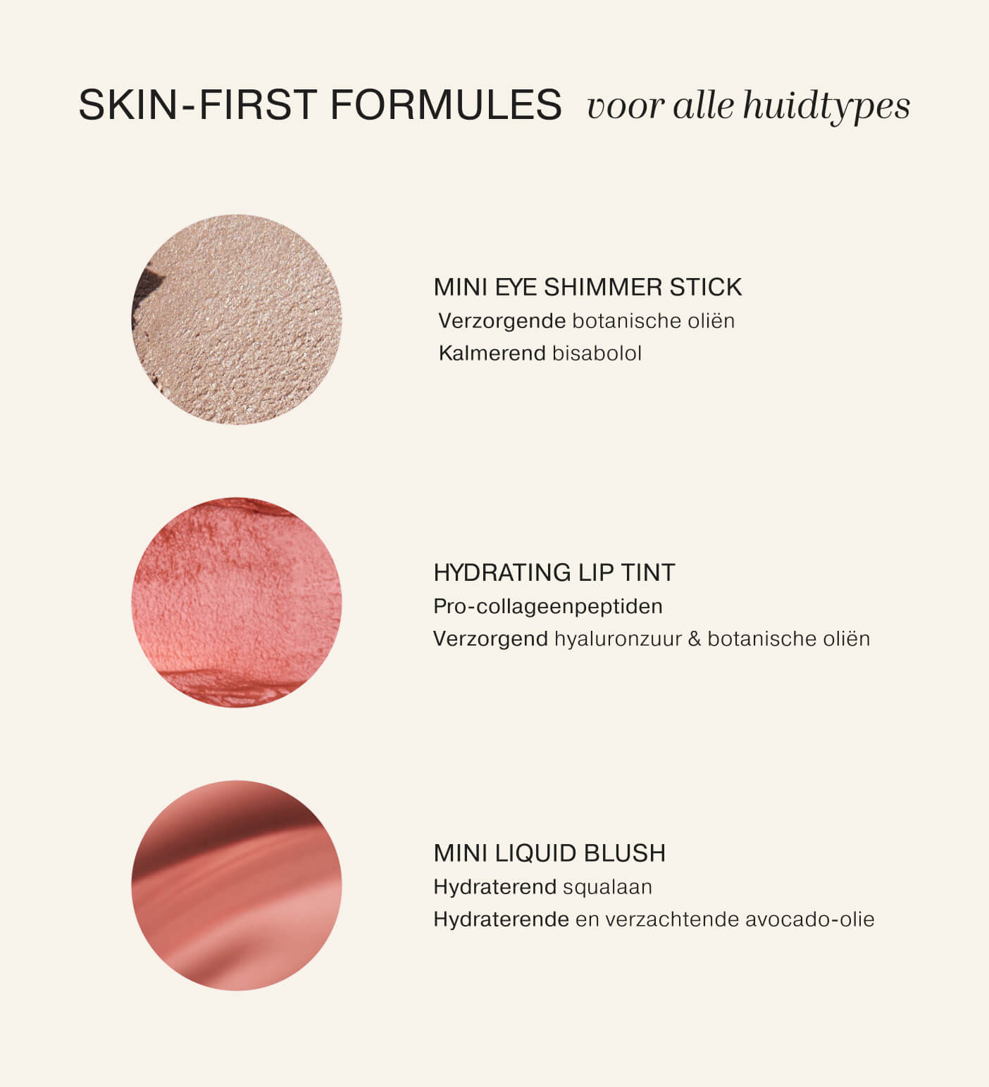 Soft Touch Trio ingrediëntenoverzicht met skin-first formules en textuurstalen voor ogen, lippen en wangen.