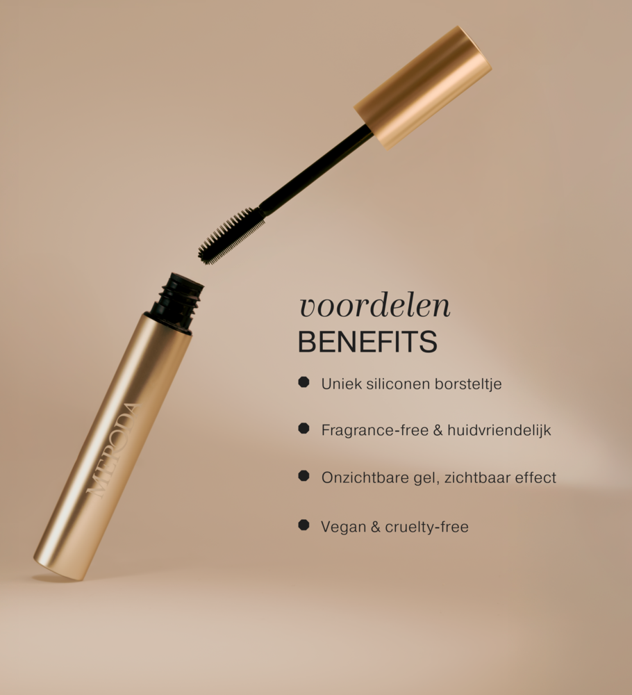 The Precision Brow Gel voordelen infographic met een uniek siliconen borsteltje, onzichtbare gel en vegan formule.