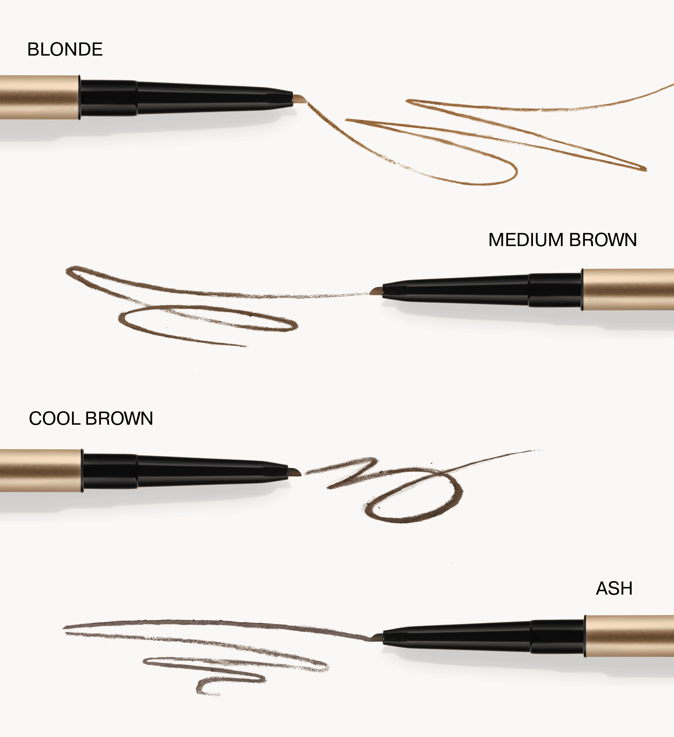 The Complete Eye Edit met The Precision Brow Pencil shade finder en swatches in Blonde, Medium Brown, Cool Brown en Ash