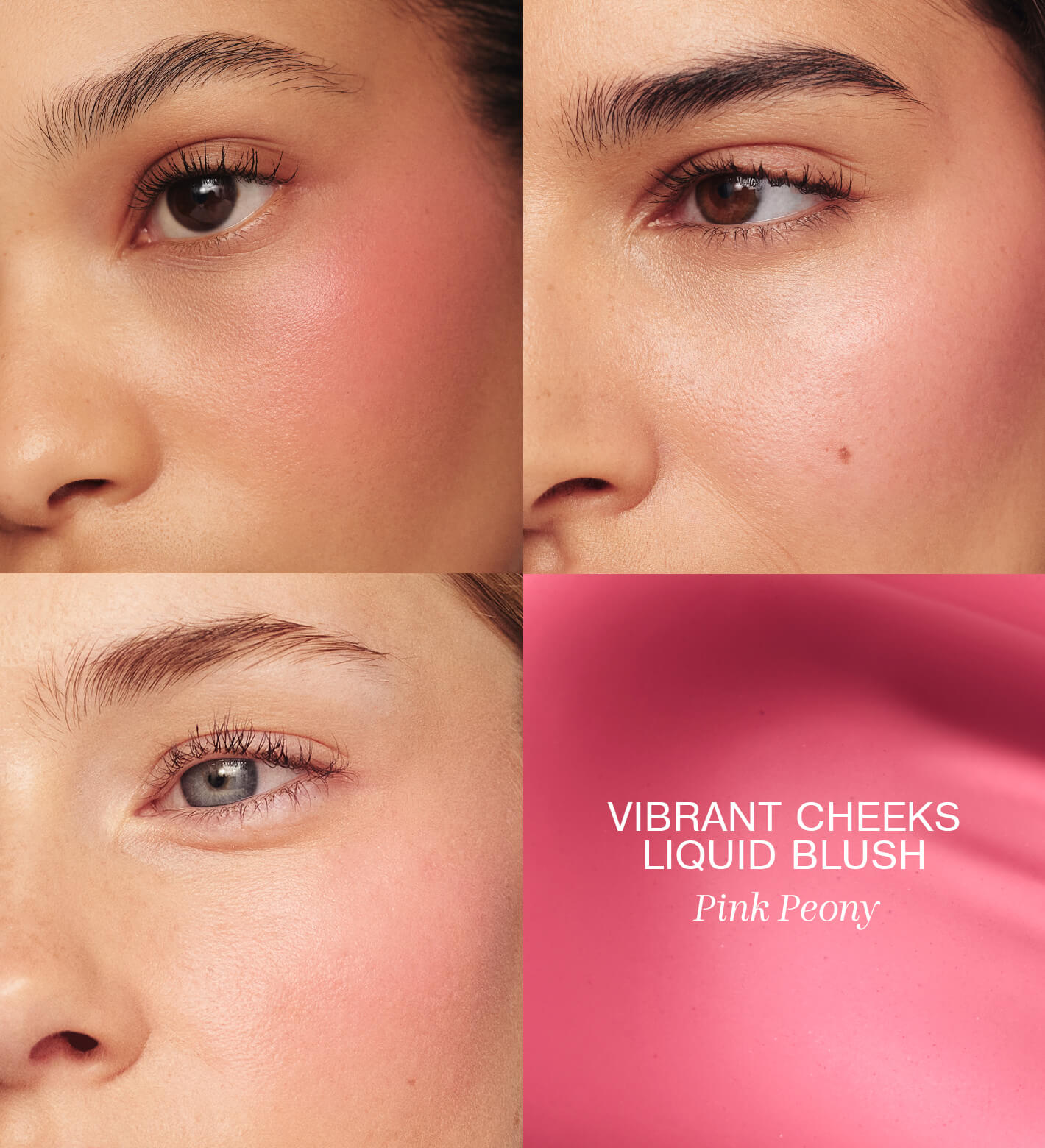 Vibrant Cheeks Liquid Blush in Pink Peony aangebracht op drie modellen voor een stralende, dauwfrisse roze finish.