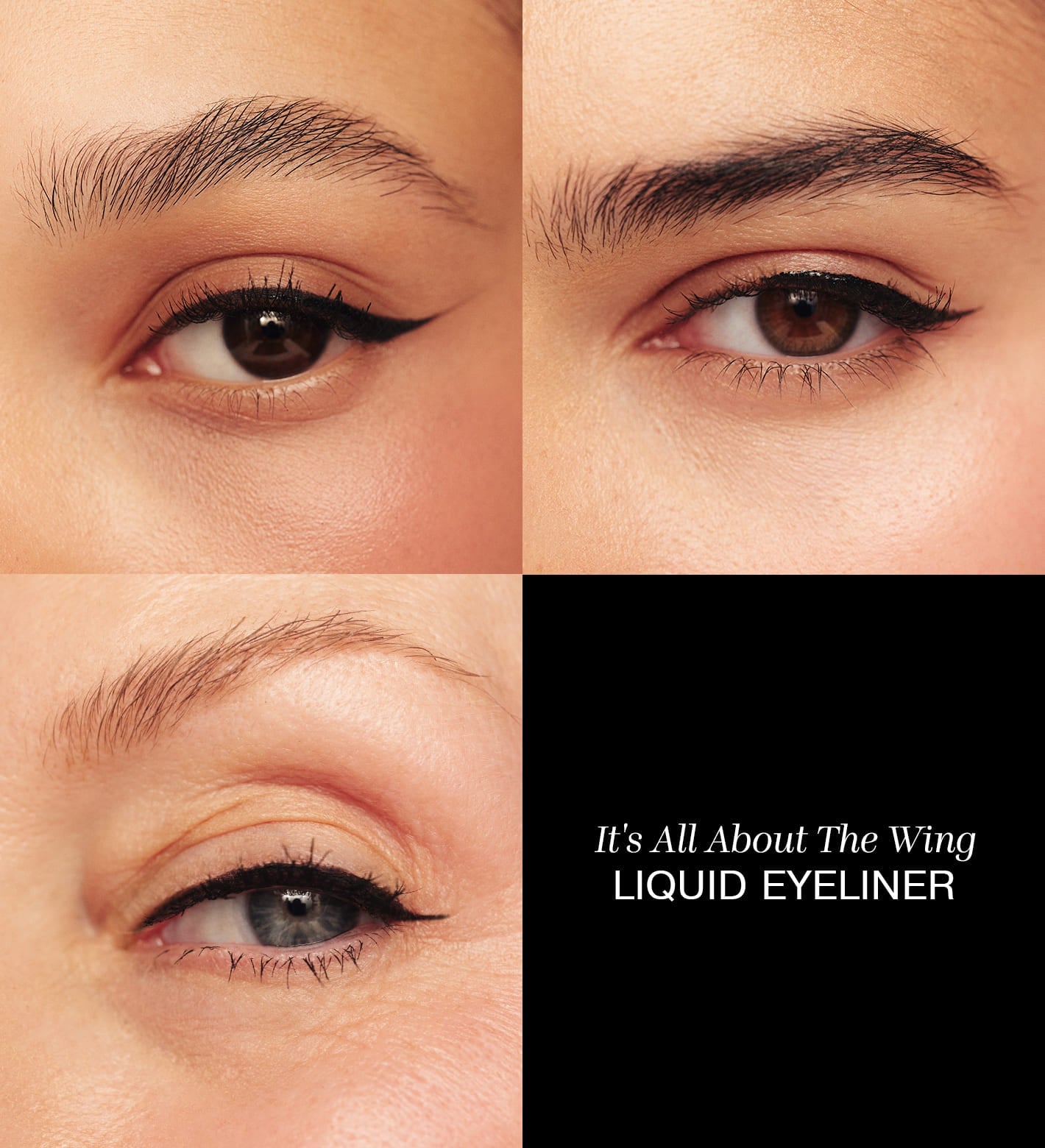 Liquid Waterproof Eyeliner - It's All About The Wing aangebracht op drie verschillende ogen met een winged look