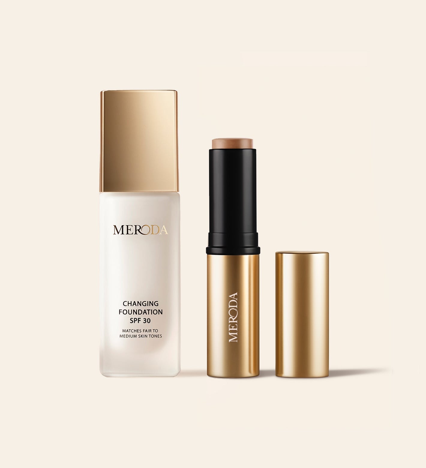 Bronzer Base Bundle met Changing Foundation SPF 30 en Soft Tan Bronzer stick op een lichte achtergrond.