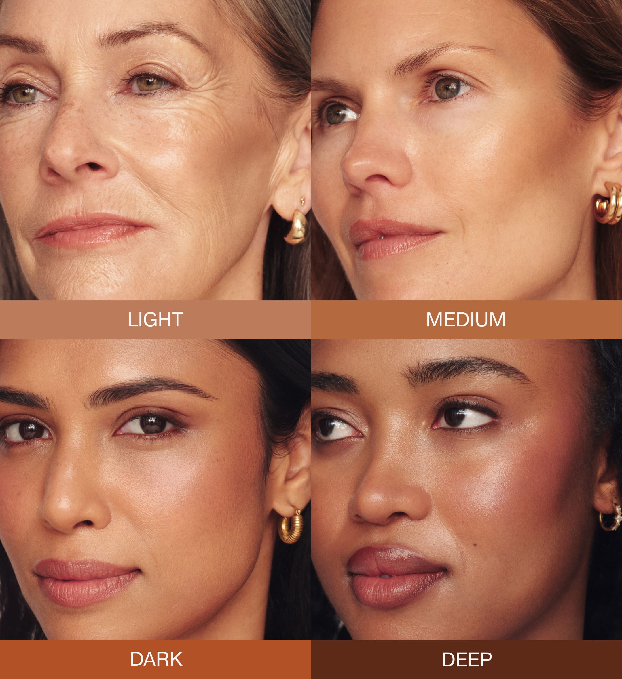 Soft Tan Bronzer shade finder met de tinten Light, Medium, Dark en Deep op diverse huidtinten.