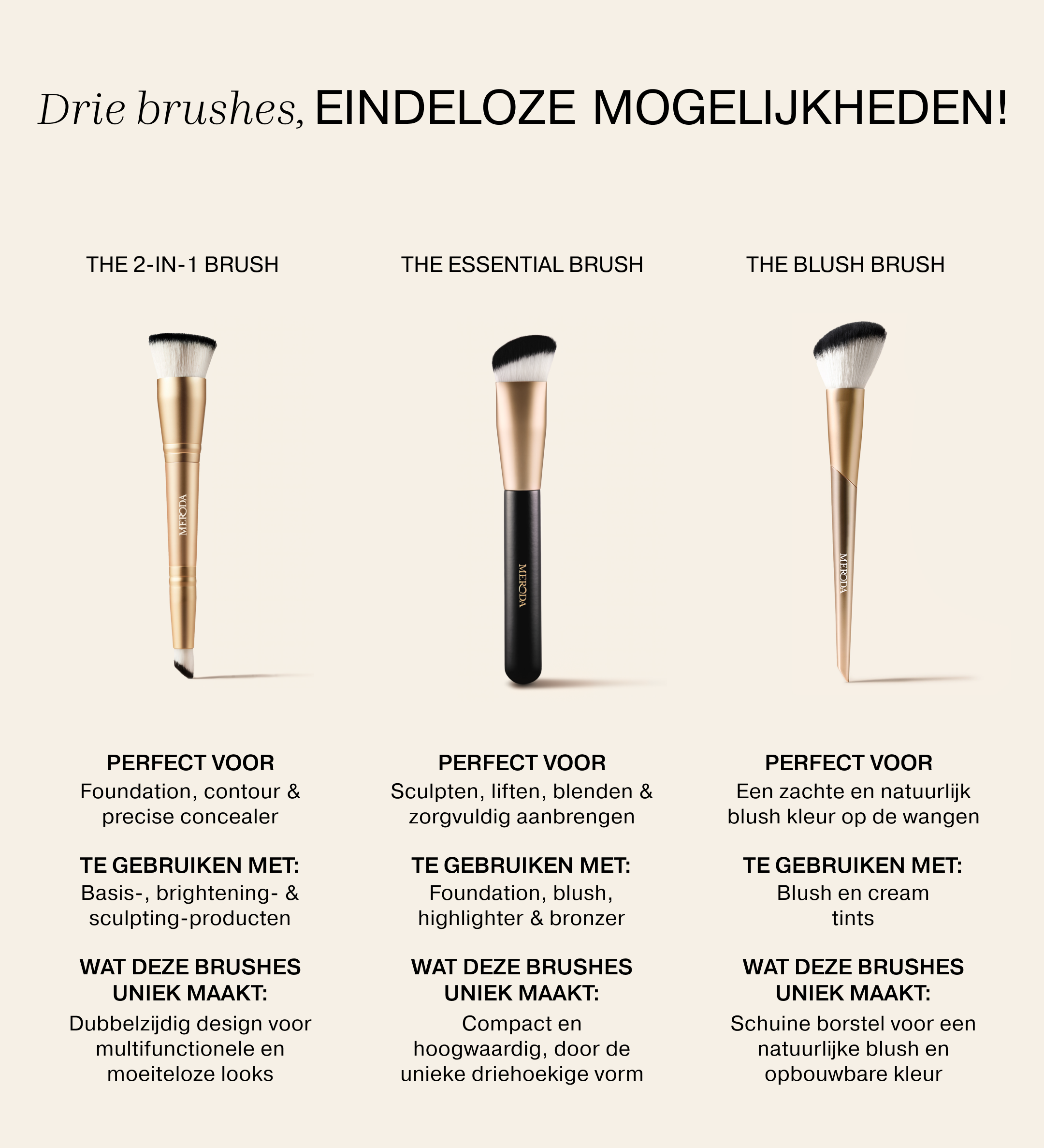 Vergelijkingstabel van The Essential Brush, The 2-in-1 Brush en The Blush Brush met hun specifieke voordelen en gebruik.