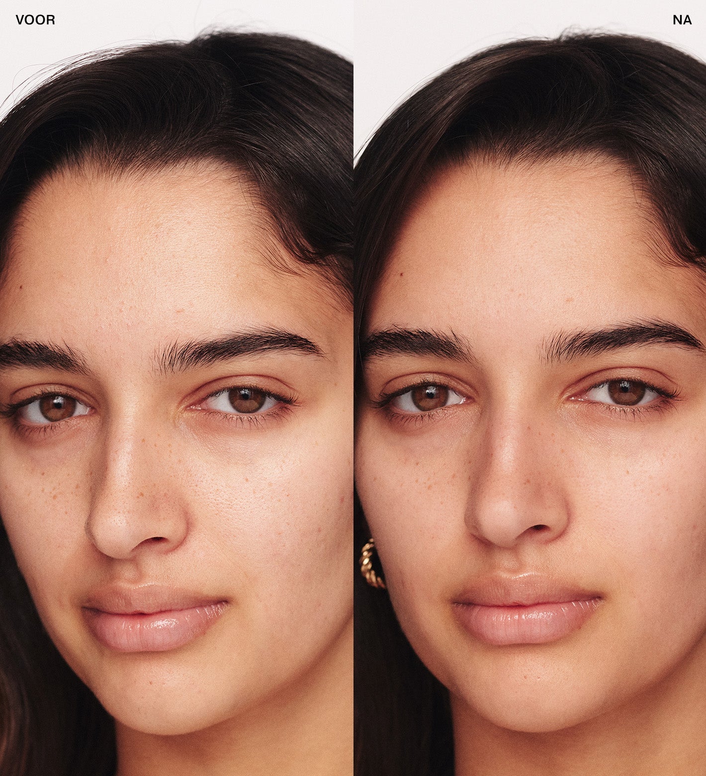 Meroda Cosmetics Velvet Skin Primer voor en na vergelijking die vervaagde poriën en een gladde huidstructuur laat zien