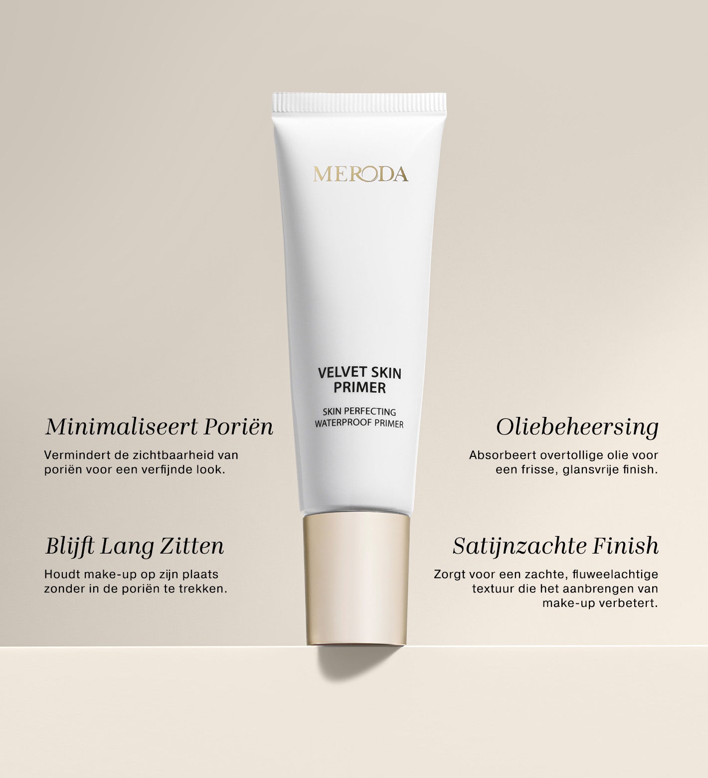 Meroda Cosmetics Velvet Skin Primer met callouts die poriën minimaliseren en oliebeheersing benadrukken.