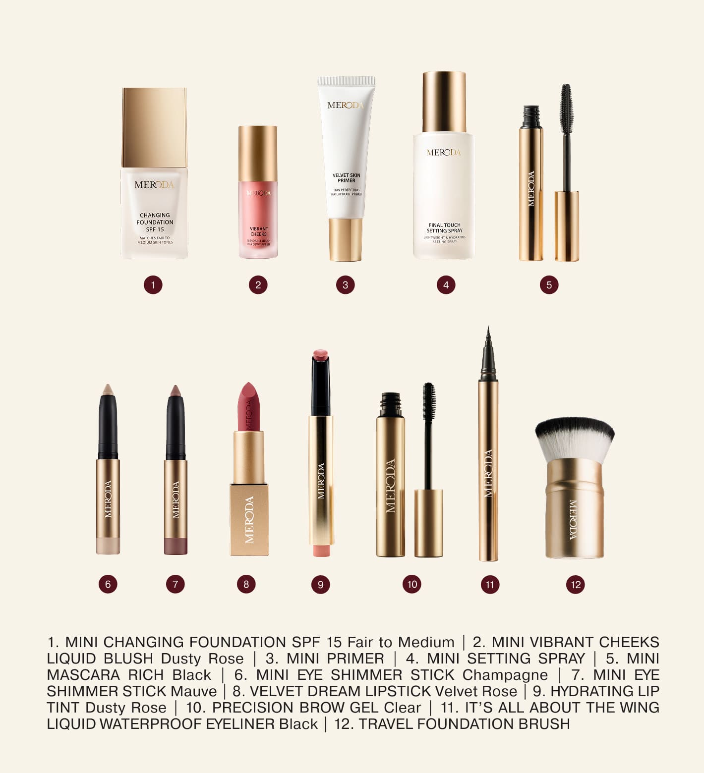 Twaalf genummerde Meroda cosmetica producten en make-uptools in de adventskalenderset.