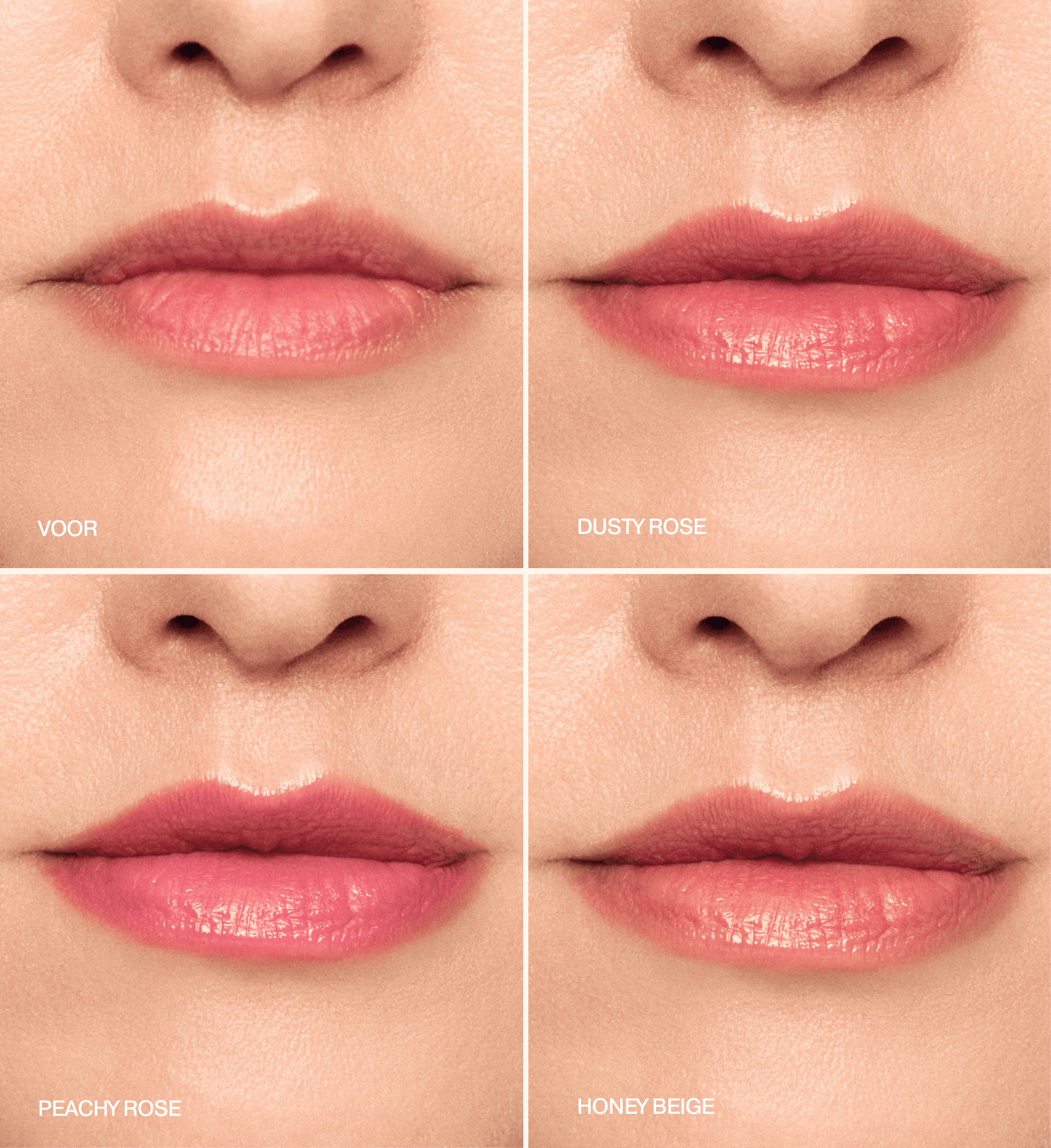 Mini Lip Tint Trio met voor- en na-applicatie van de tinten Dusty Rose, Peachy Rose en Honey Beige.