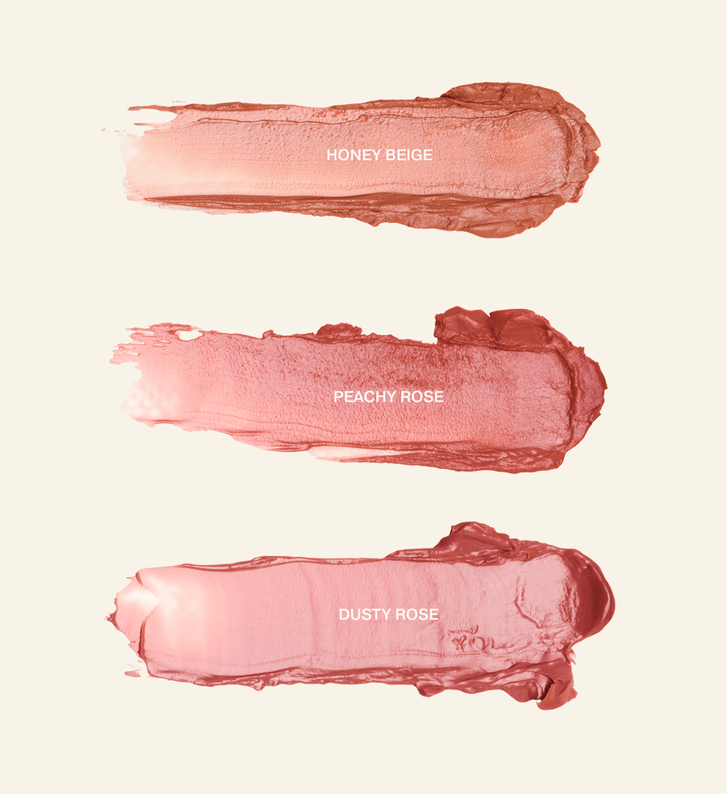 Mini Lip Tint Trio met textuurswatches in de tinten Honey Beige, Peachy Rose en Dusty Rose.