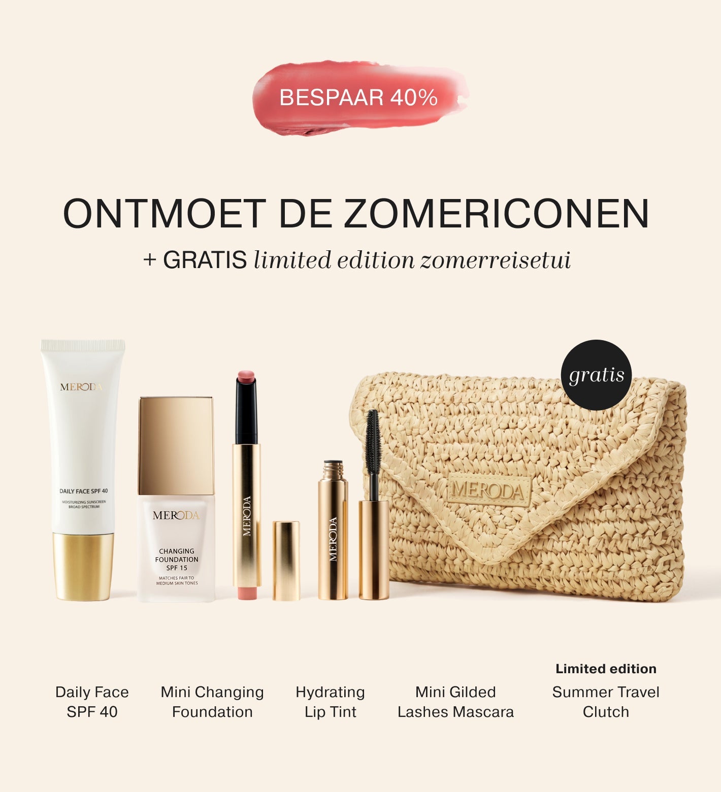 Summer Travel Icons met Daily Face SPF 40, foundation, mascara, lip tint en een beige geweven fashion clutch.