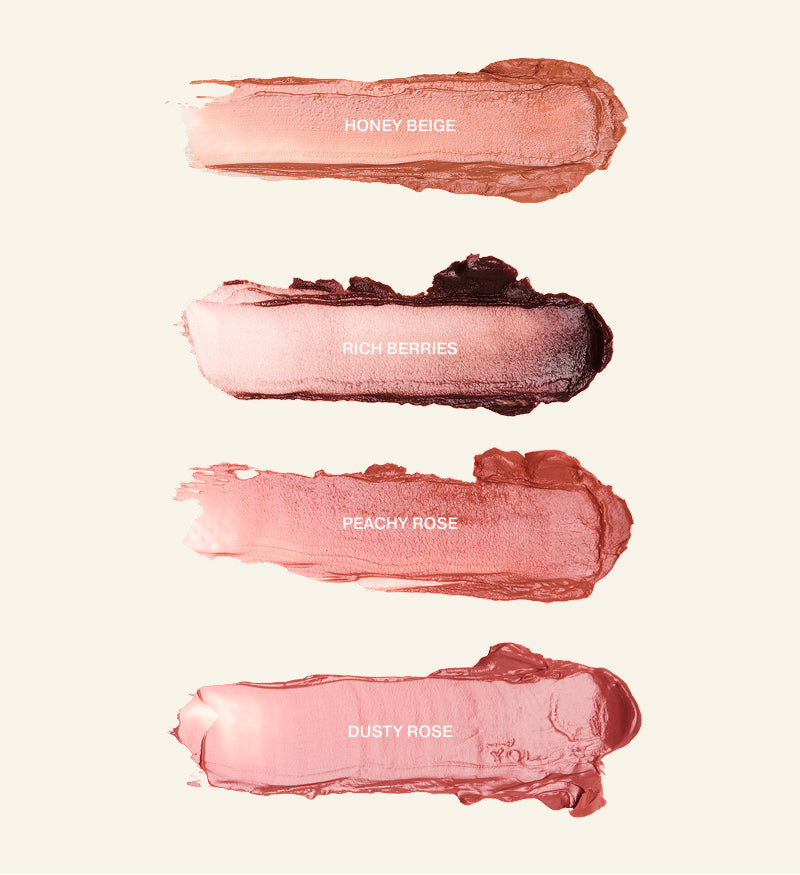 Hydrating Lip Tint textuurswatches in Honey Beige, Rich Berries, Peachy Rose en Dusty Rose met een balsemachtige finish