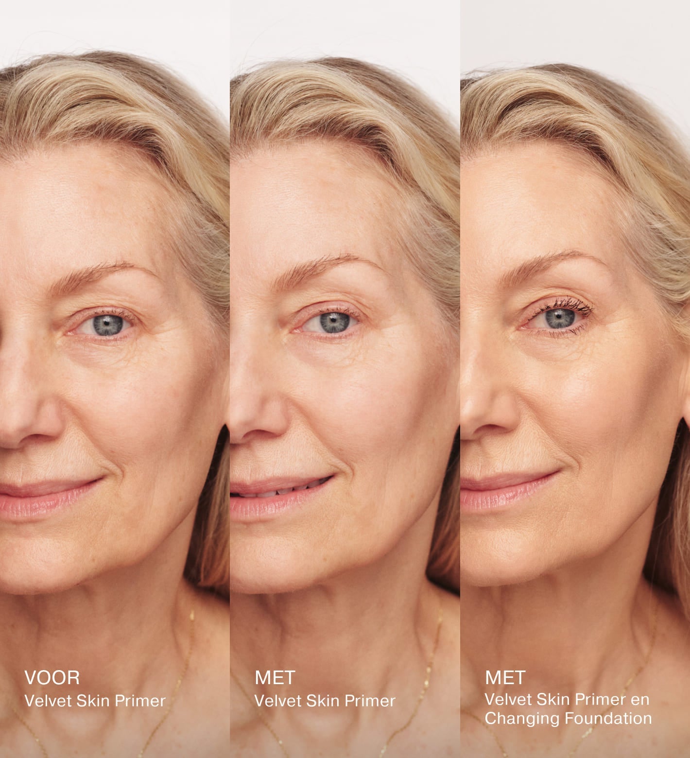 Voor- en na vergelijking van Velvet Skin Primer die de huidstructuur gladder maakt en poriën en fijne lijntjes vervaagt